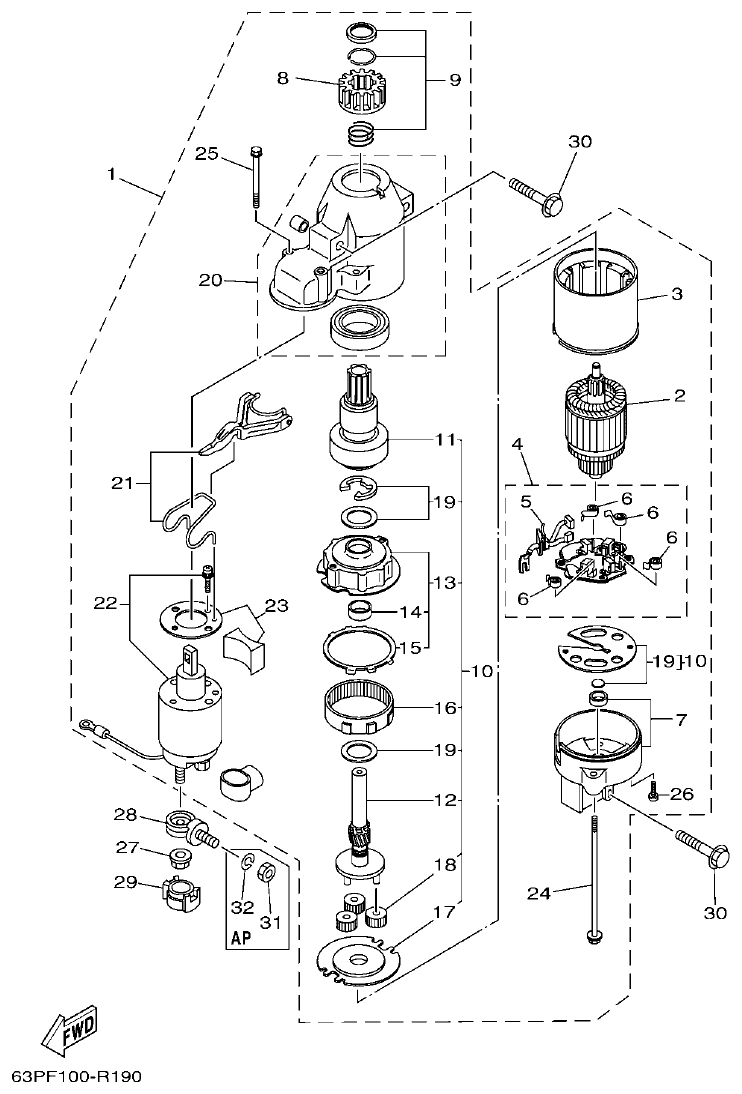 Yamaha F150FET, FL150FET STARTING MOTOR parts diagram